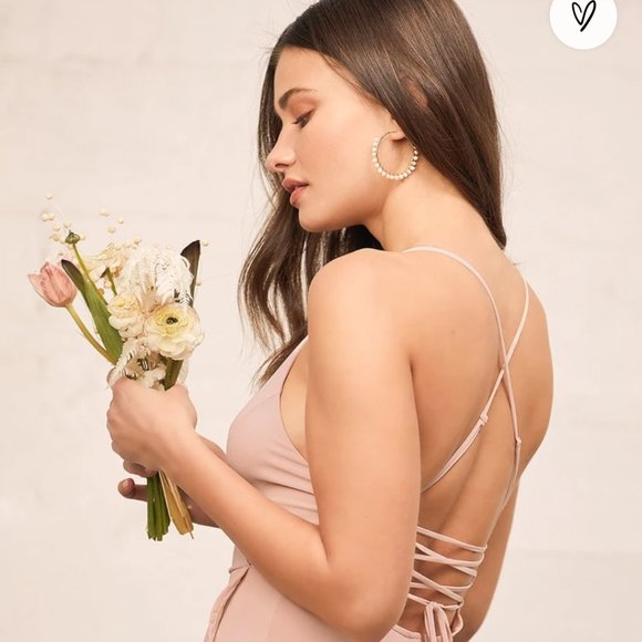 Brand New Lulus In Love Forever Light Blush Lace-Up High-Low Maxi Dress - Picture 5 of 6